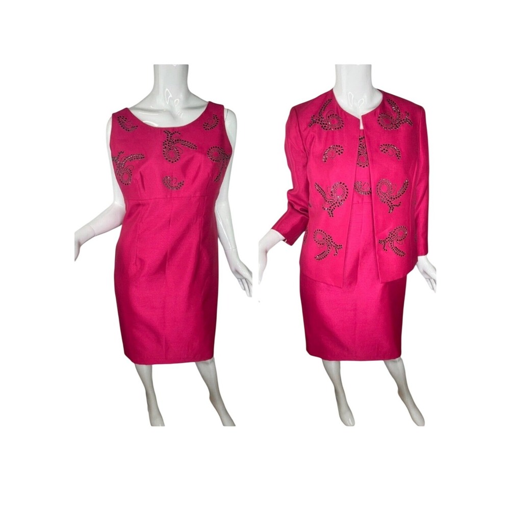 Kasper Dress Jacket Suit Set Women's Size 12 Pink Beaded Wedding Formal Elegant